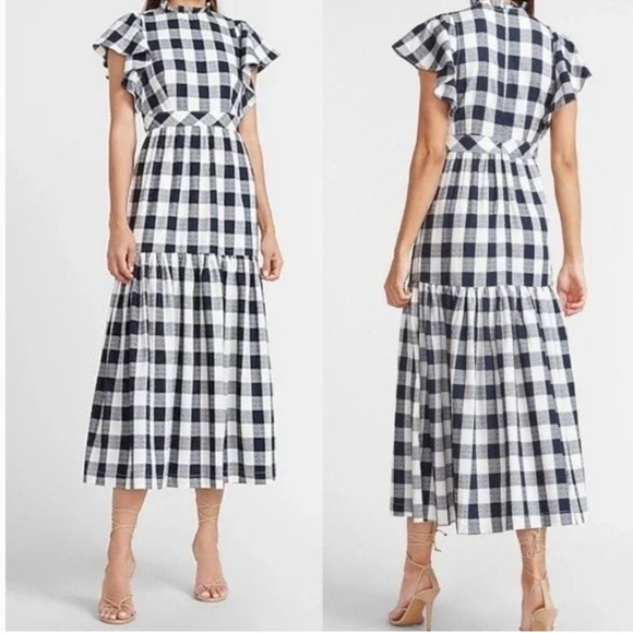 Express x Ladygang The Great Nightingale Navy Gingham Plaid Maxi Dress size 00 - Picture 1 of 16
